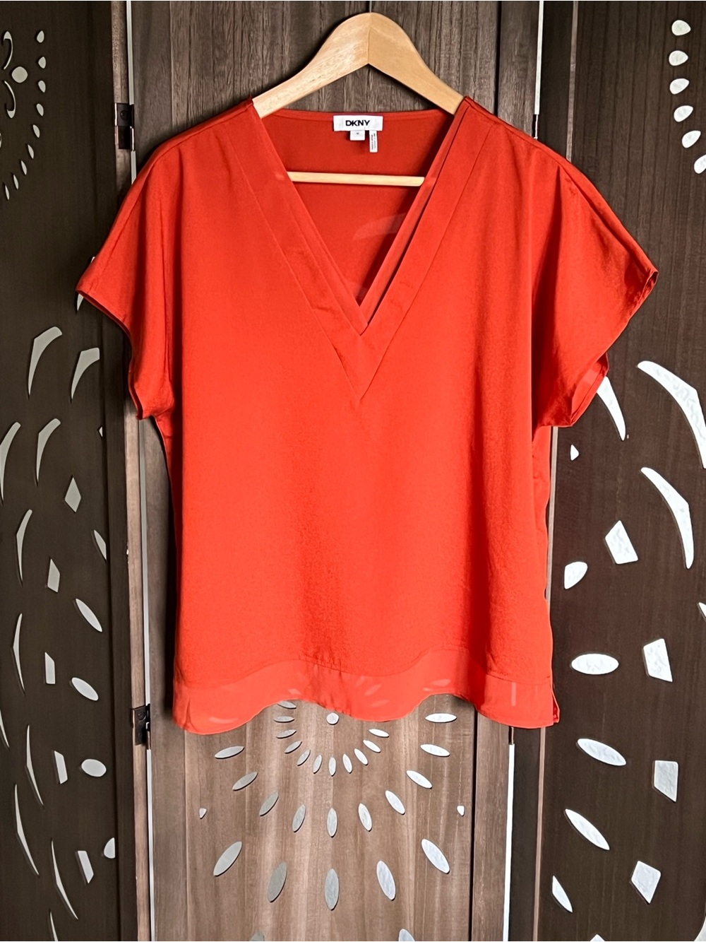 DKNY Orange V-Neck Short Sleeve Blouse